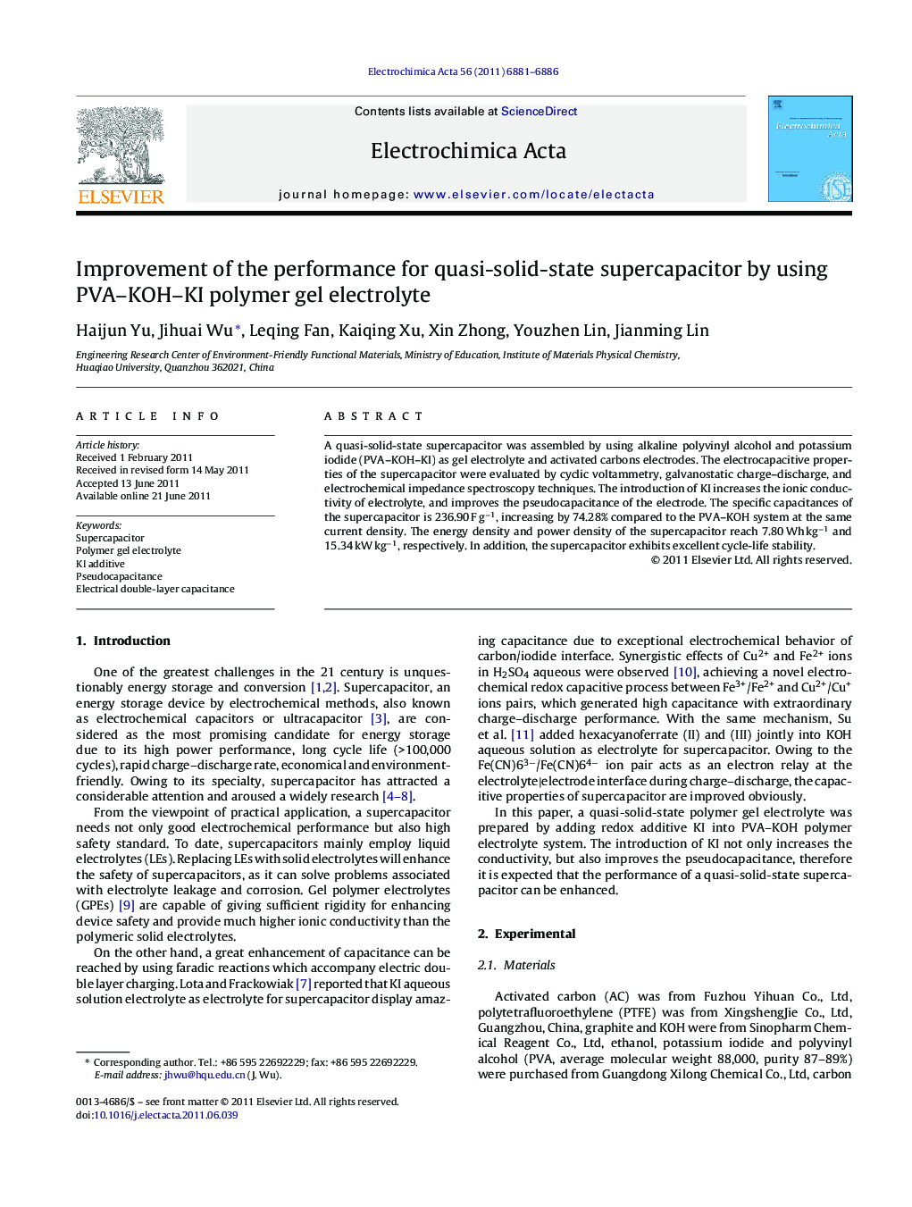 Improvement of the performance for quasi-solid-state supercapacitor by using PVA–KOH–KI polymer gel electrolyte