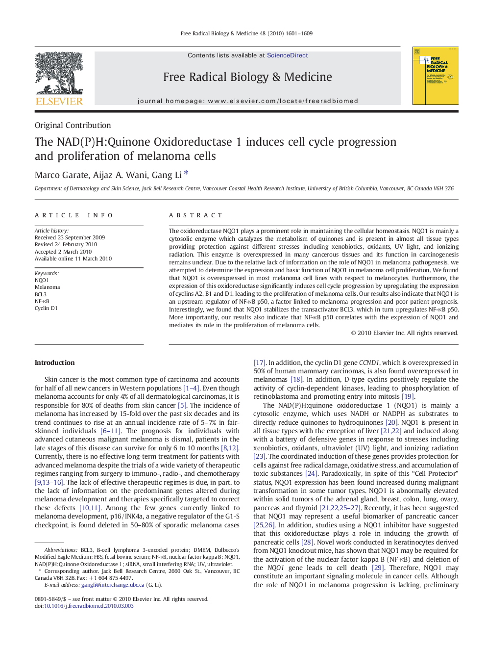 The NAD(P)H:Quinone Oxidoreductase 1 induces cell cycle progression and proliferation of melanoma cells