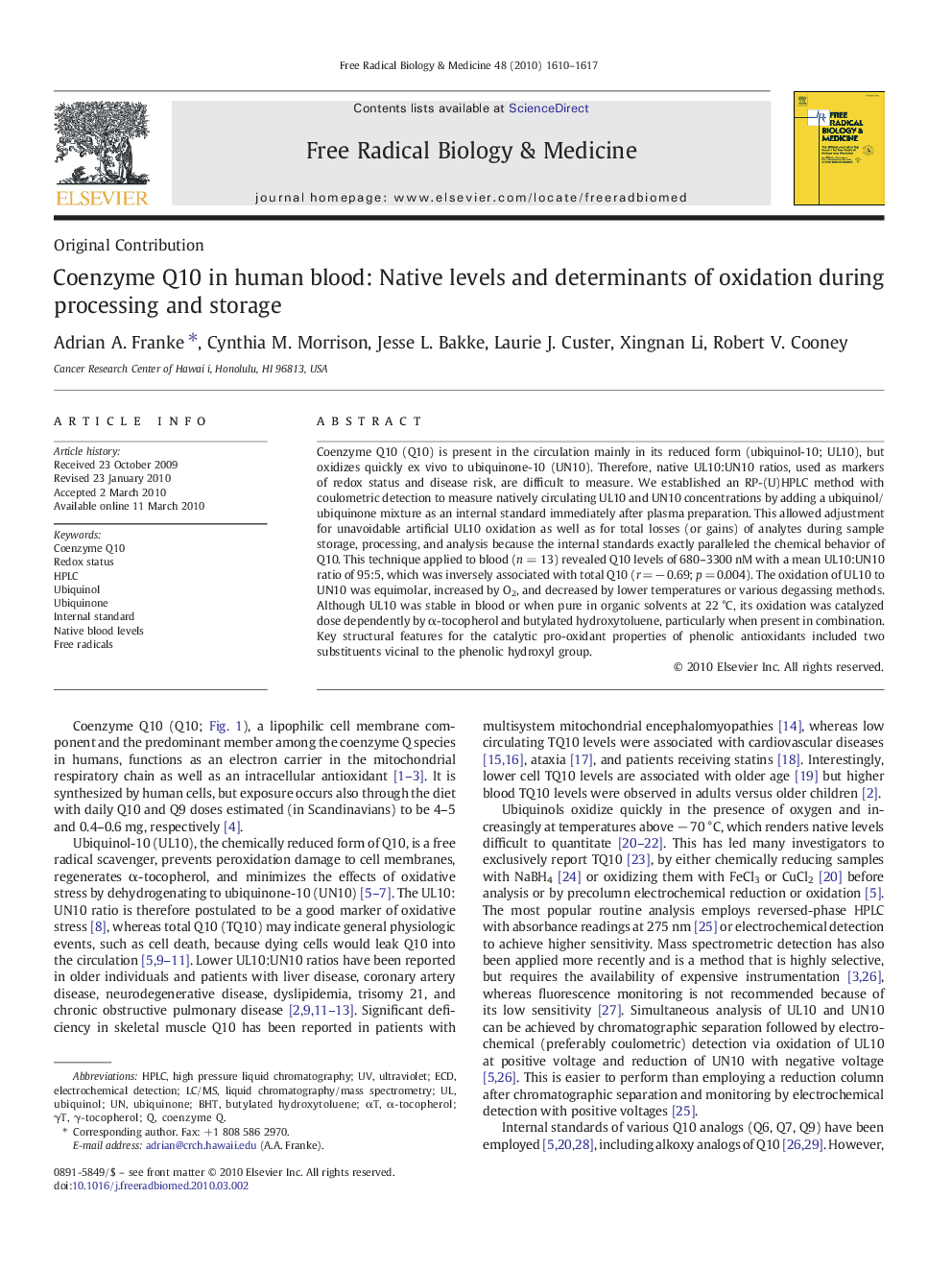 Coenzyme Q10 in human blood: Native levels and determinants of oxidation during processing and storage