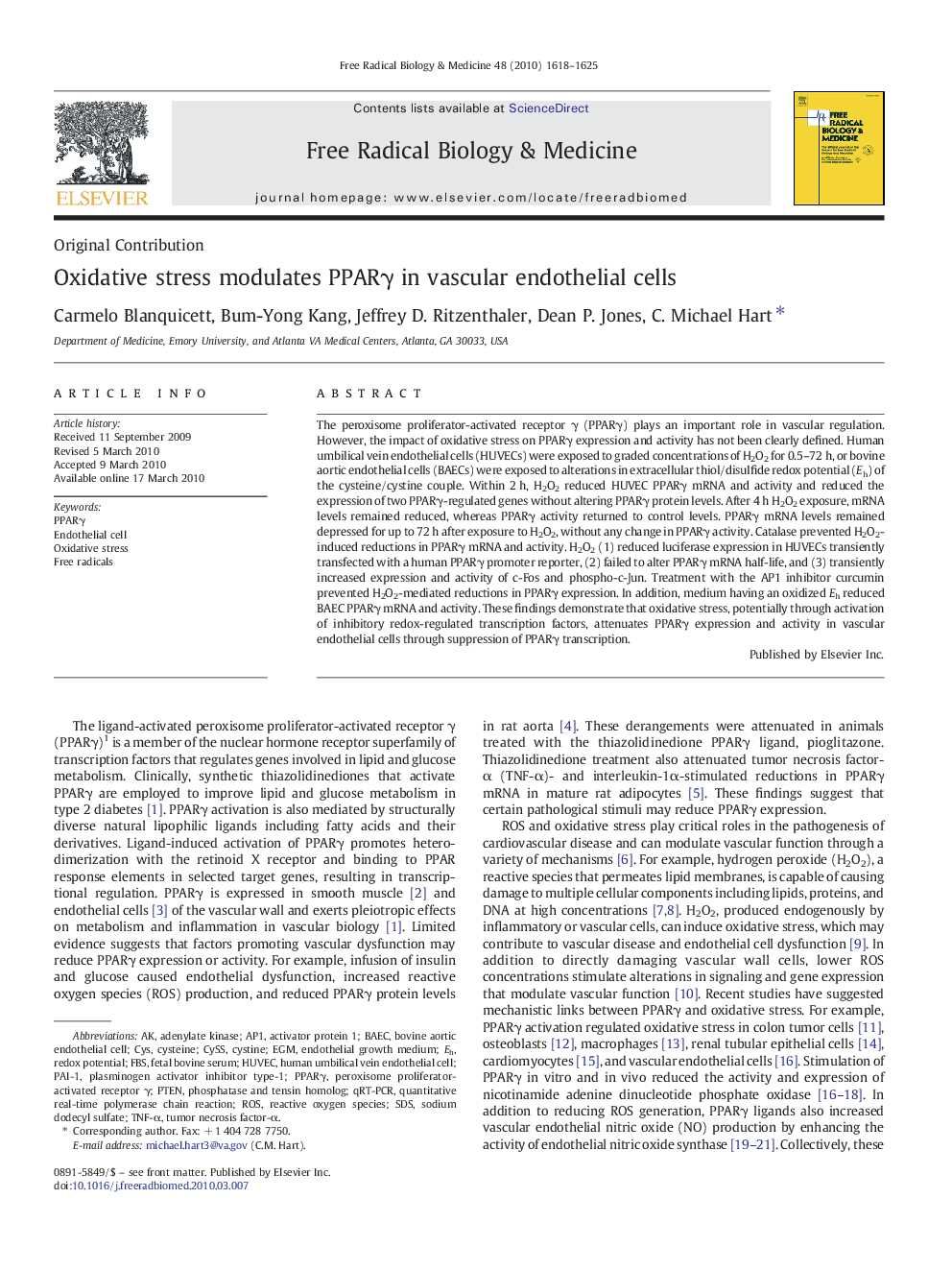 Oxidative stress modulates PPARγ in vascular endothelial cells