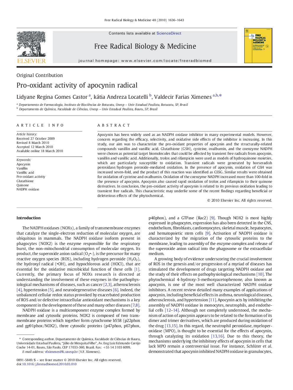 Pro-oxidant activity of apocynin radical