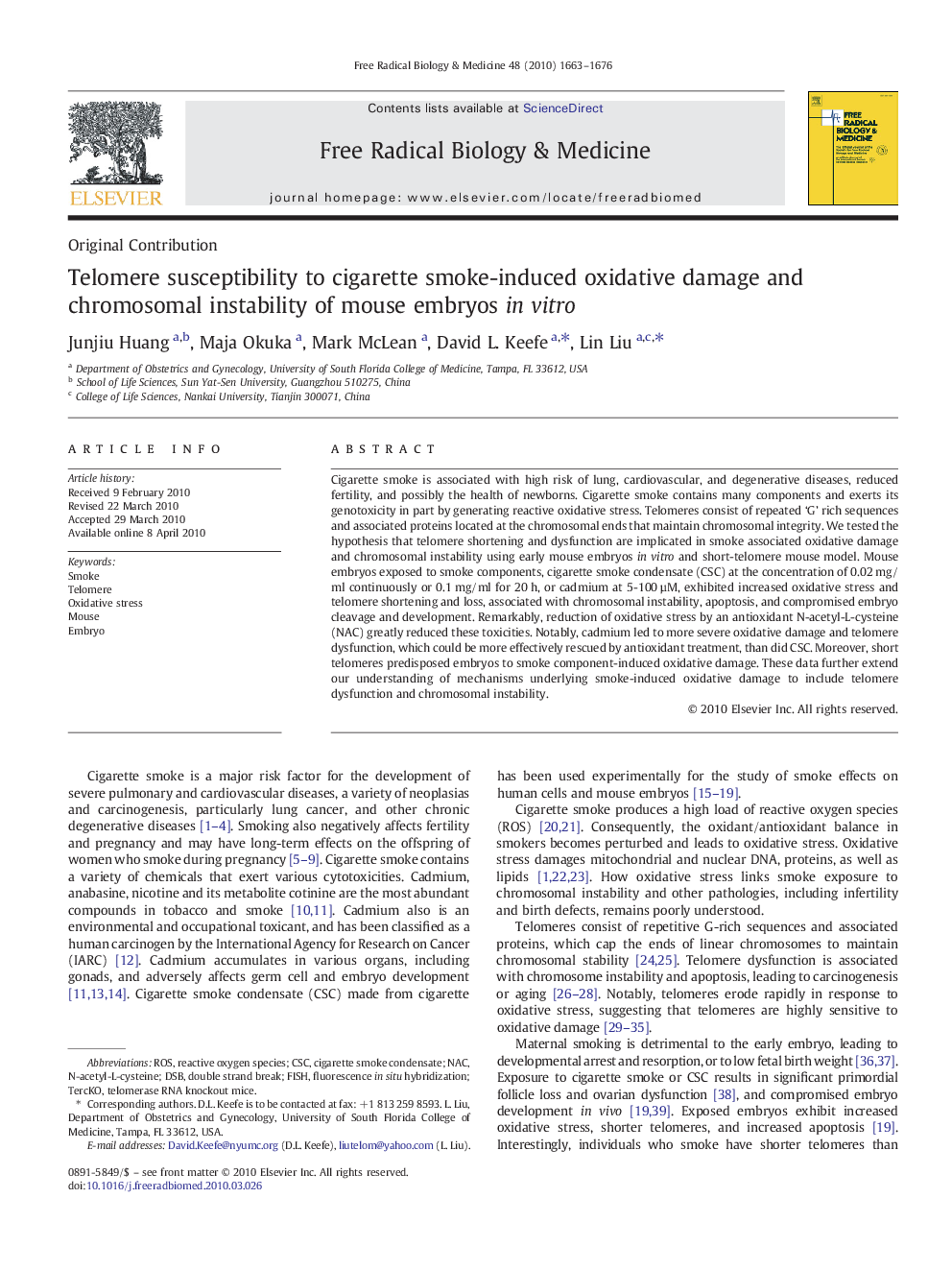 Telomere susceptibility to cigarette smoke-induced oxidative damage and chromosomal instability of mouse embryos in vitro