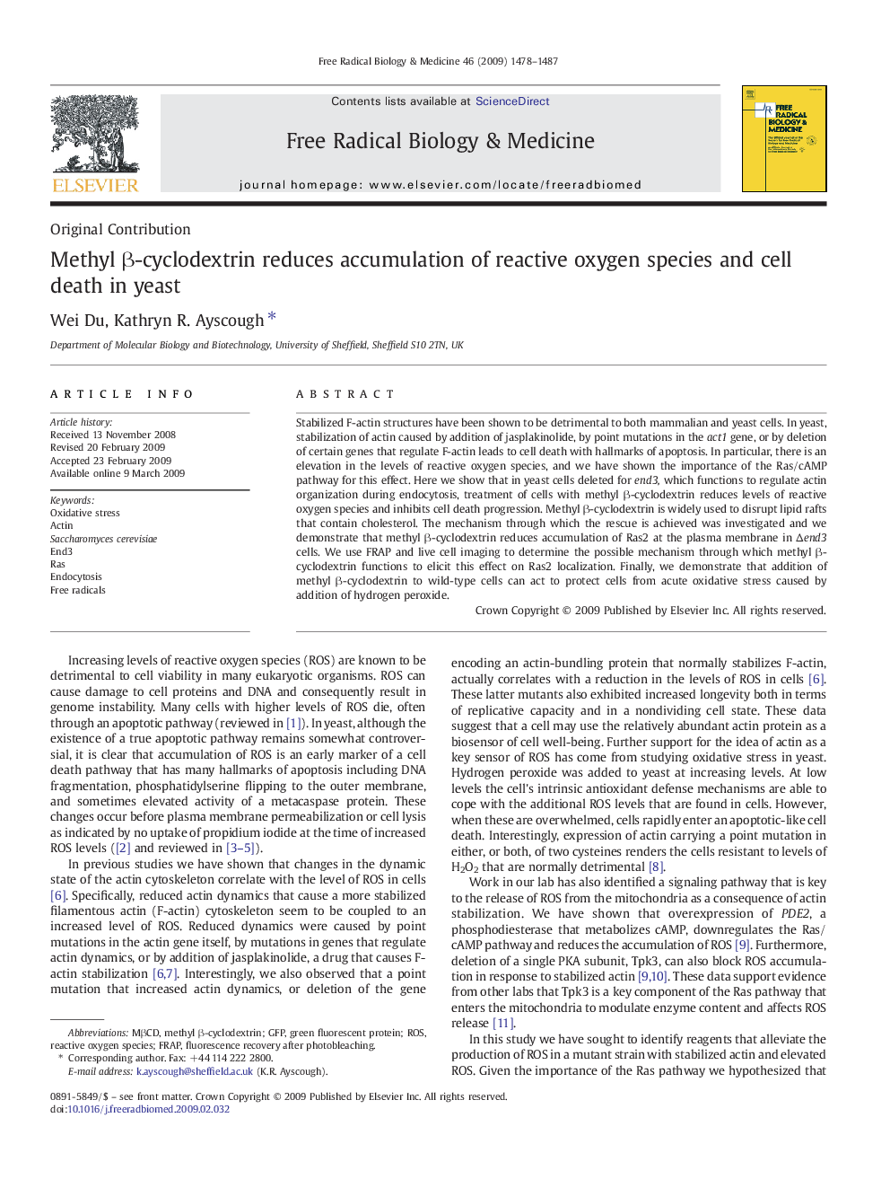 Methyl β-cyclodextrin reduces accumulation of reactive oxygen species and cell death in yeast