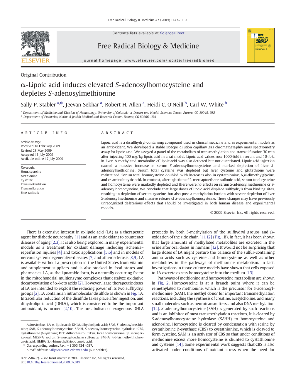 α-Lipoic acid induces elevated S-adenosylhomocysteine and depletes S-adenosylmethionine