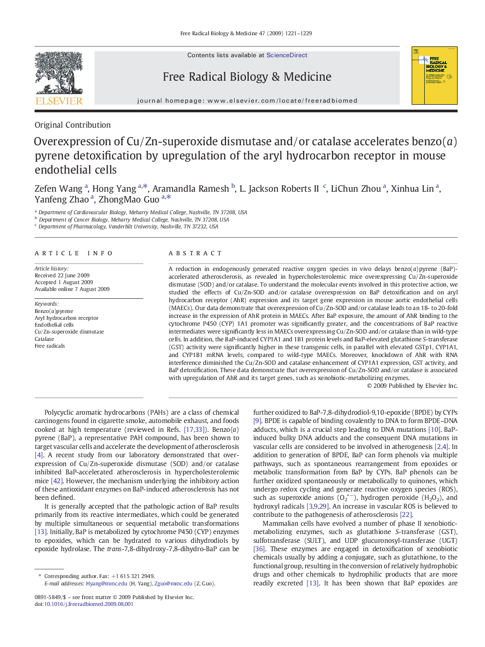 Overexpression of Cu/Zn-superoxide dismutase and/or catalase accelerates benzo(a)pyrene detoxification by upregulation of the aryl hydrocarbon receptor in mouse endothelial cells