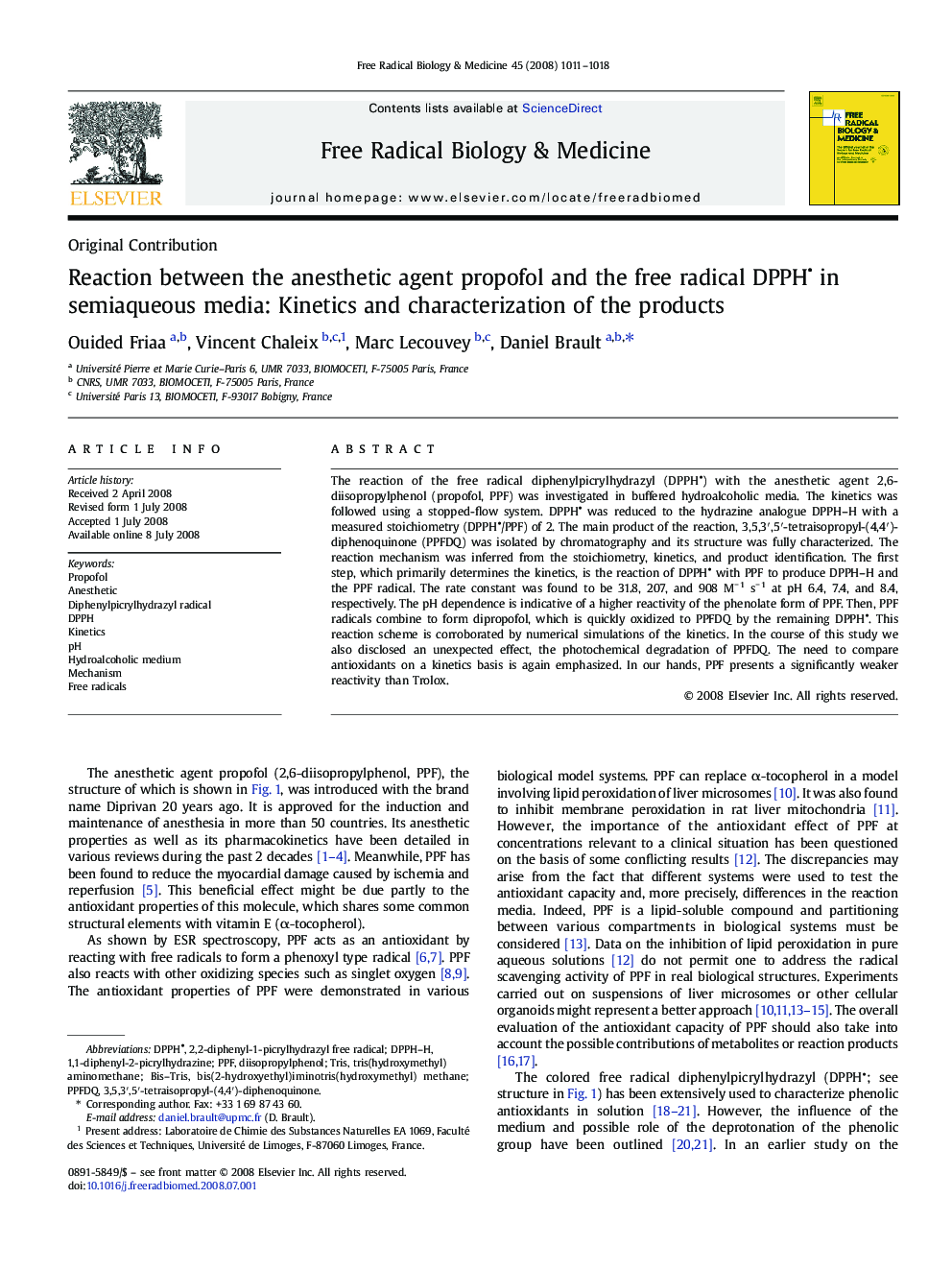 Reaction between the anesthetic agent propofol and the free radical DPPH˙ in semiaqueous media: Kinetics and characterization of the products