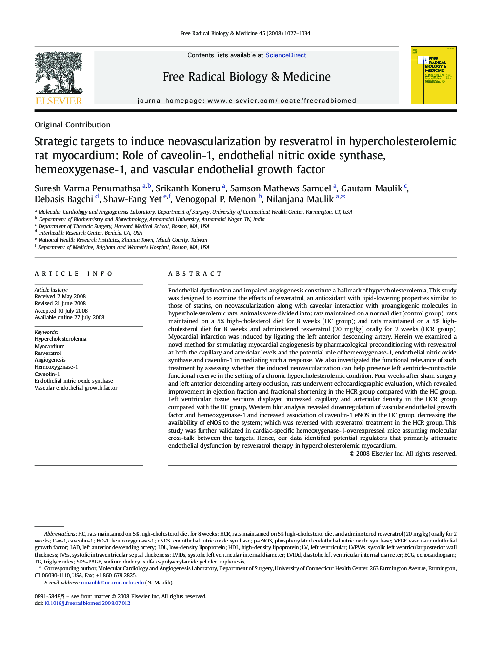 Strategic targets to induce neovascularization by resveratrol in hypercholesterolemic rat myocardium: Role of caveolin-1, endothelial nitric oxide synthase, hemeoxygenase-1, and vascular endothelial growth factor