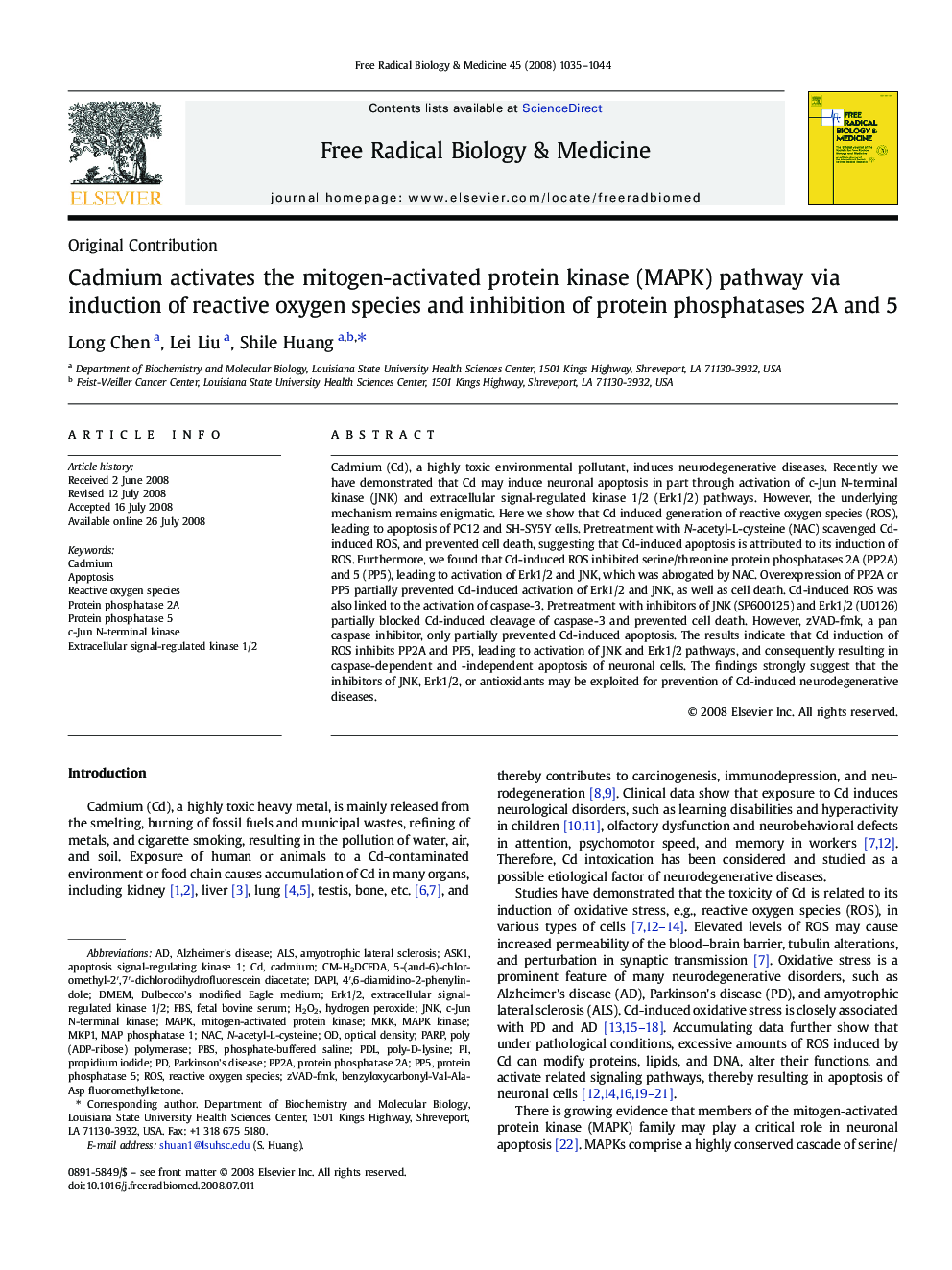 Cadmium activates the mitogen-activated protein kinase (MAPK) pathway via induction of reactive oxygen species and inhibition of protein phosphatases 2A and 5