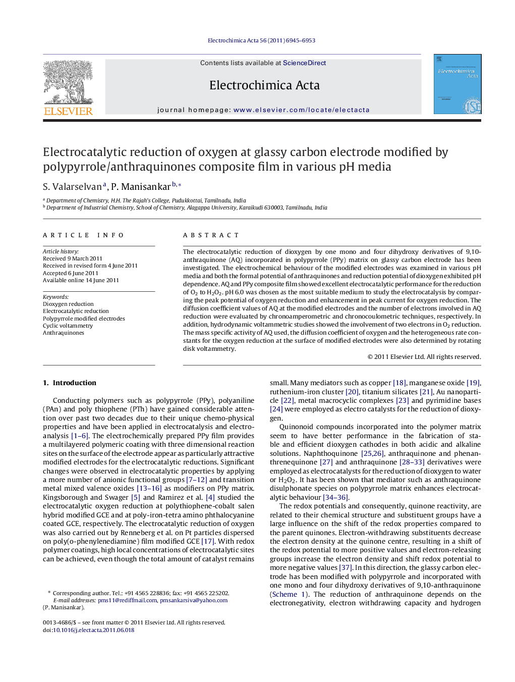 Electrocatalytic reduction of oxygen at glassy carbon electrode modified by polypyrrole/anthraquinones composite film in various pH media