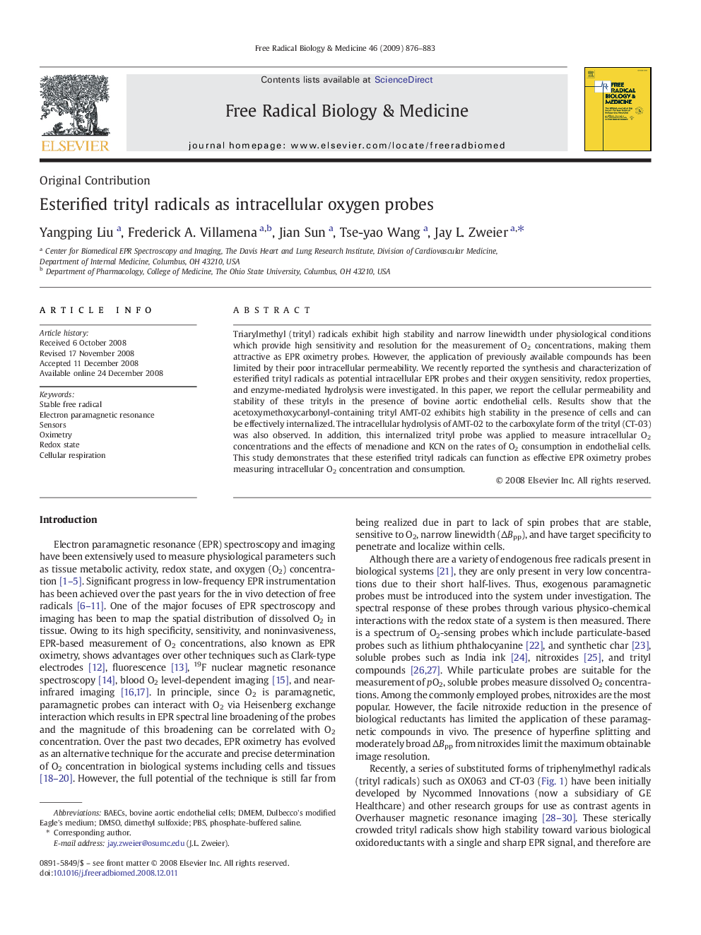 Esterified trityl radicals as intracellular oxygen probes