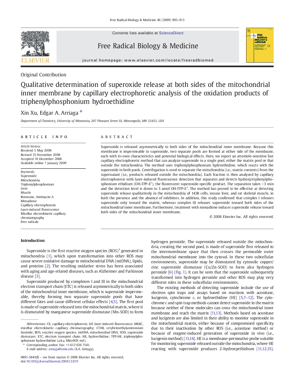 Qualitative determination of superoxide release at both sides of the mitochondrial inner membrane by capillary electrophoretic analysis of the oxidation products of triphenylphosphonium hydroethidine