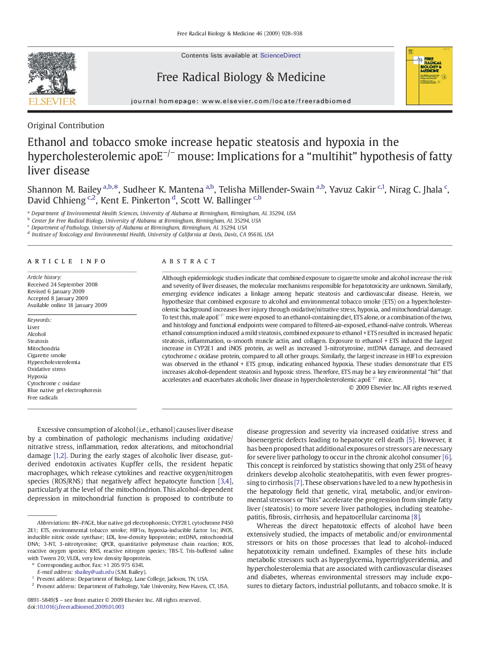 Ethanol and tobacco smoke increase hepatic steatosis and hypoxia in the hypercholesterolemic apoE−/− mouse: Implications for a “multihit” hypothesis of fatty liver disease