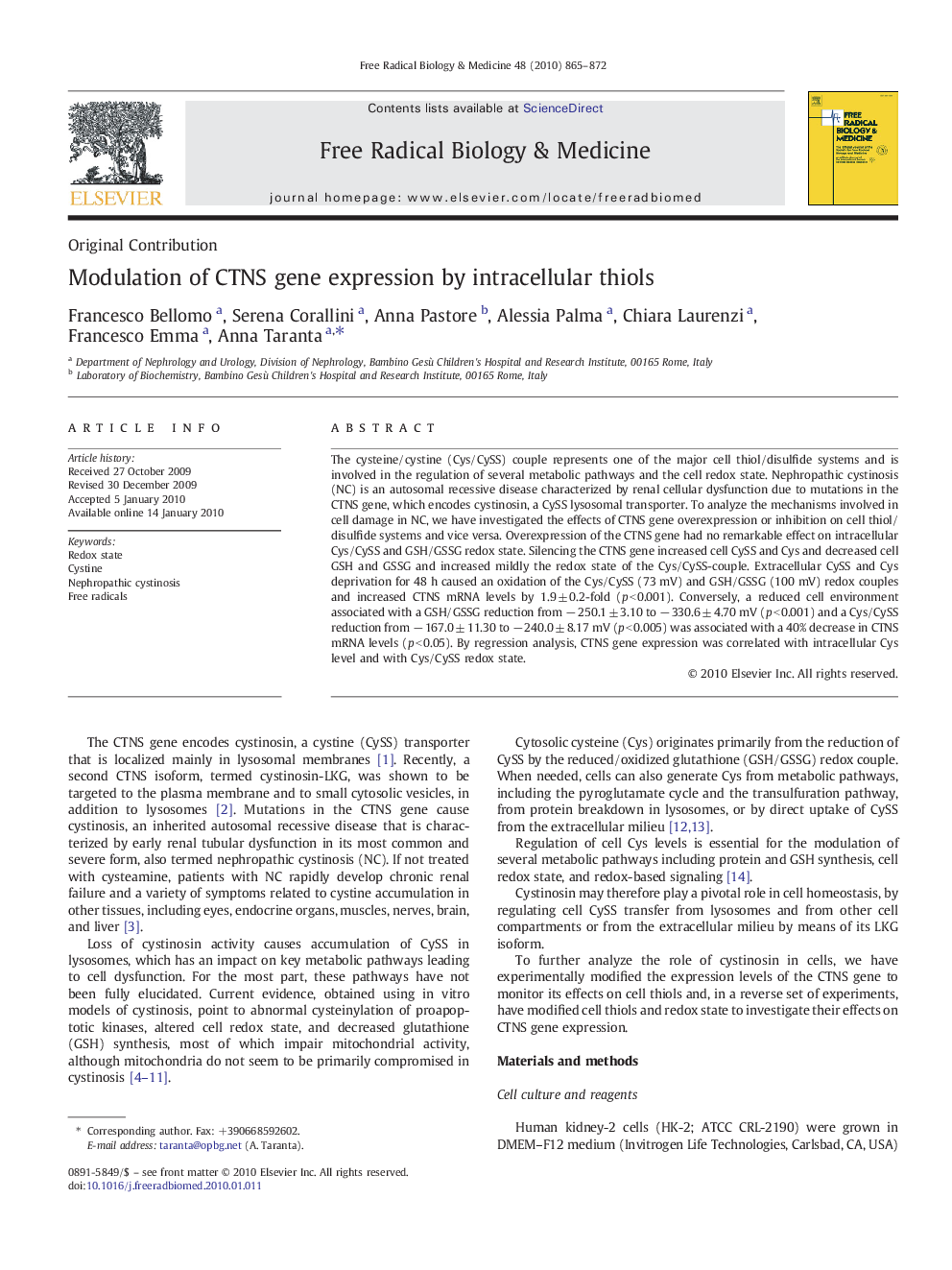 Modulation of CTNS gene expression by intracellular thiols