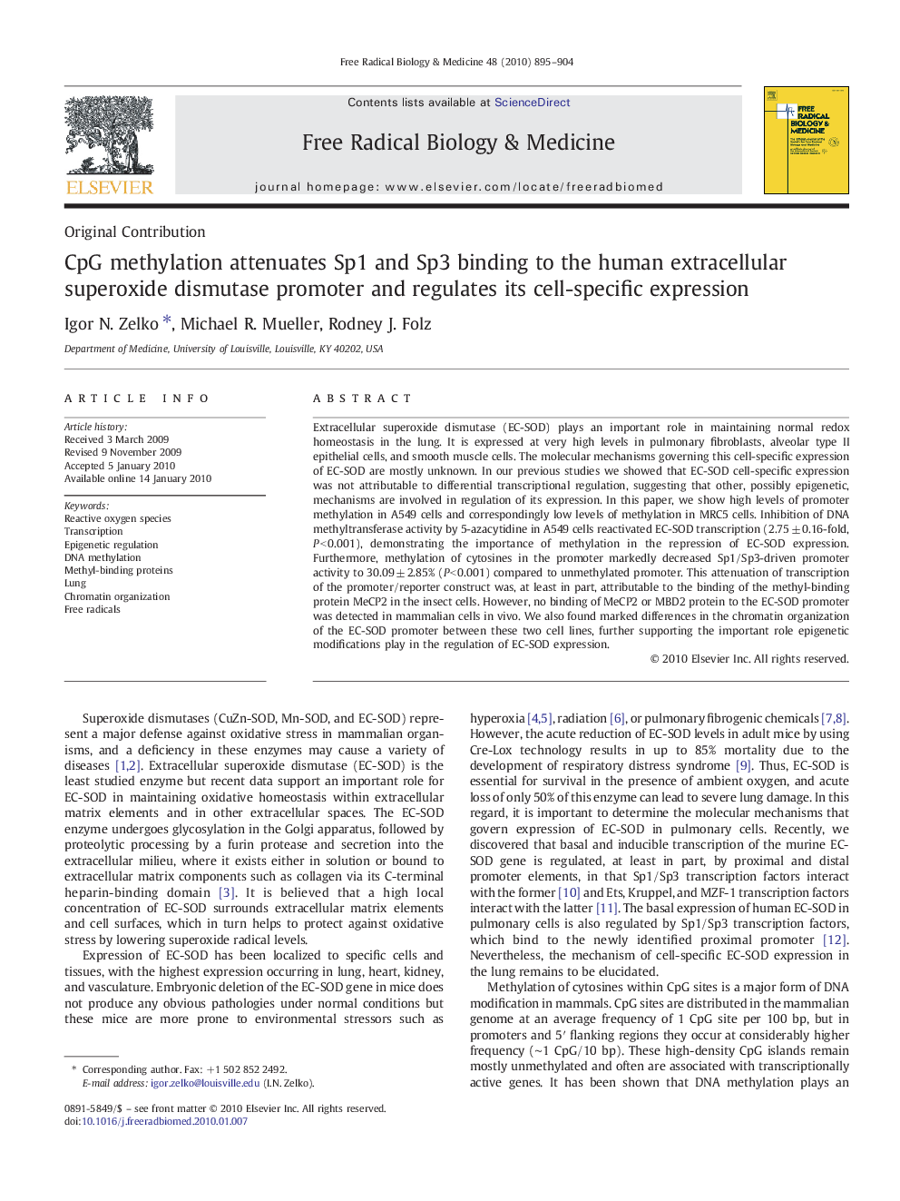 CpG methylation attenuates Sp1 and Sp3 binding to the human extracellular superoxide dismutase promoter and regulates its cell-specific expression