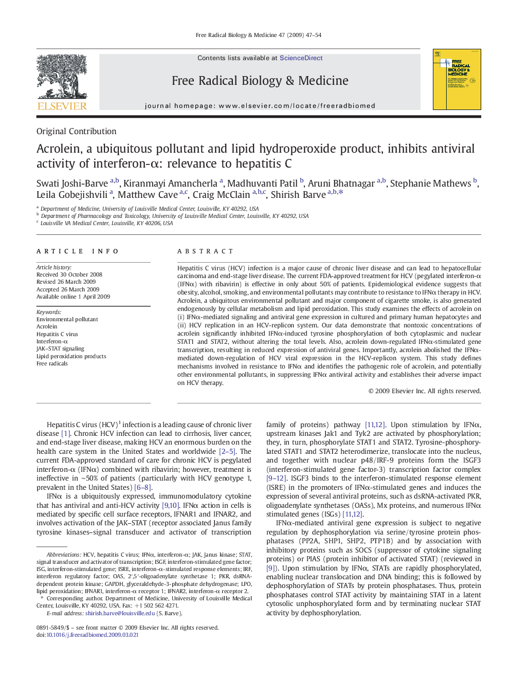 Acrolein, a ubiquitous pollutant and lipid hydroperoxide product, inhibits antiviral activity of interferon-α: relevance to hepatitis C