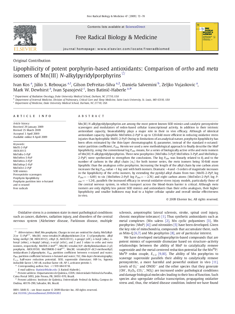 Lipophilicity of potent porphyrin-based antioxidants: Comparison of ortho and meta isomers of Mn(III) N-alkylpyridylporphyrins 