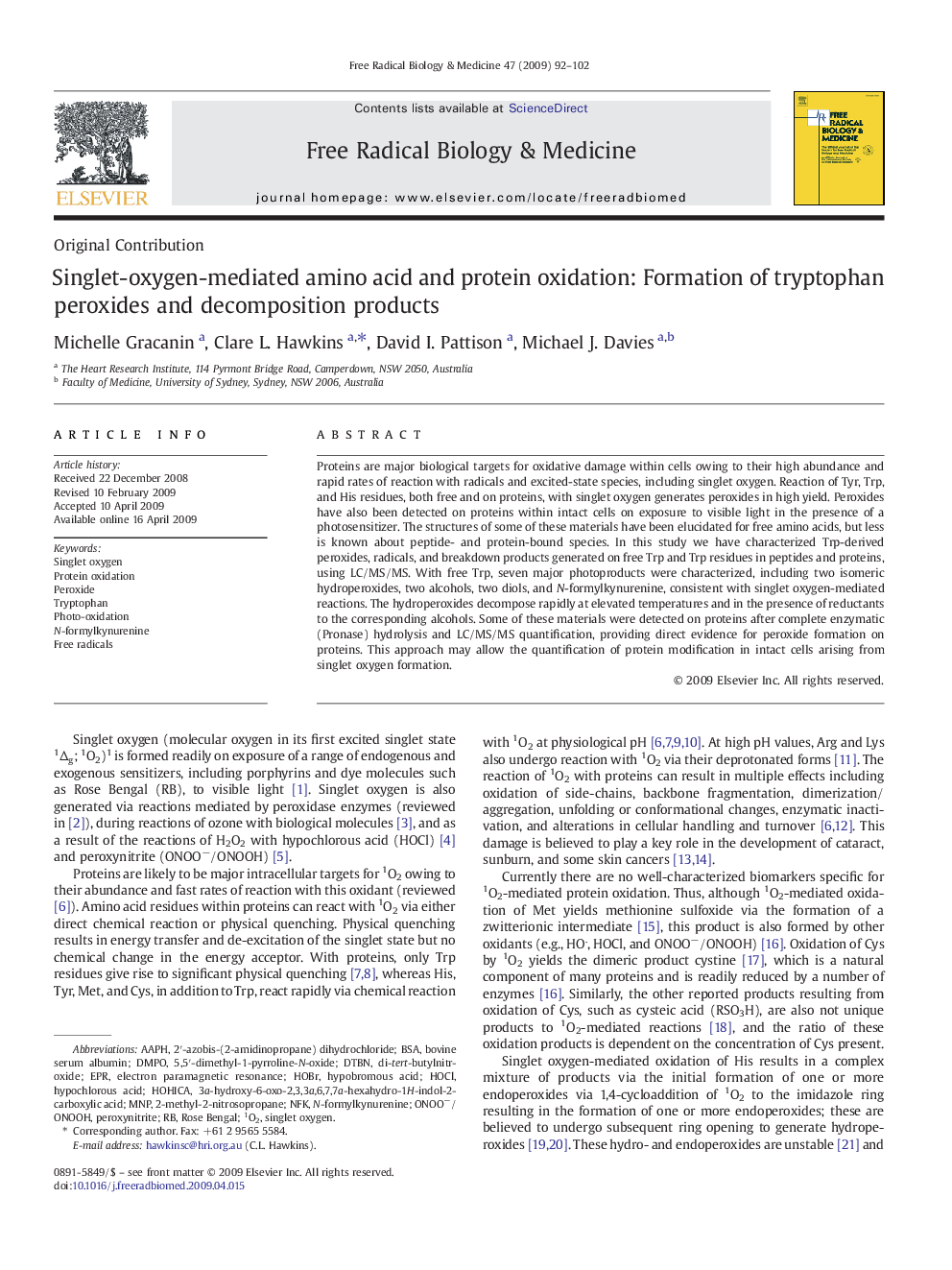 Singlet-oxygen-mediated amino acid and protein oxidation: Formation of tryptophan peroxides and decomposition products