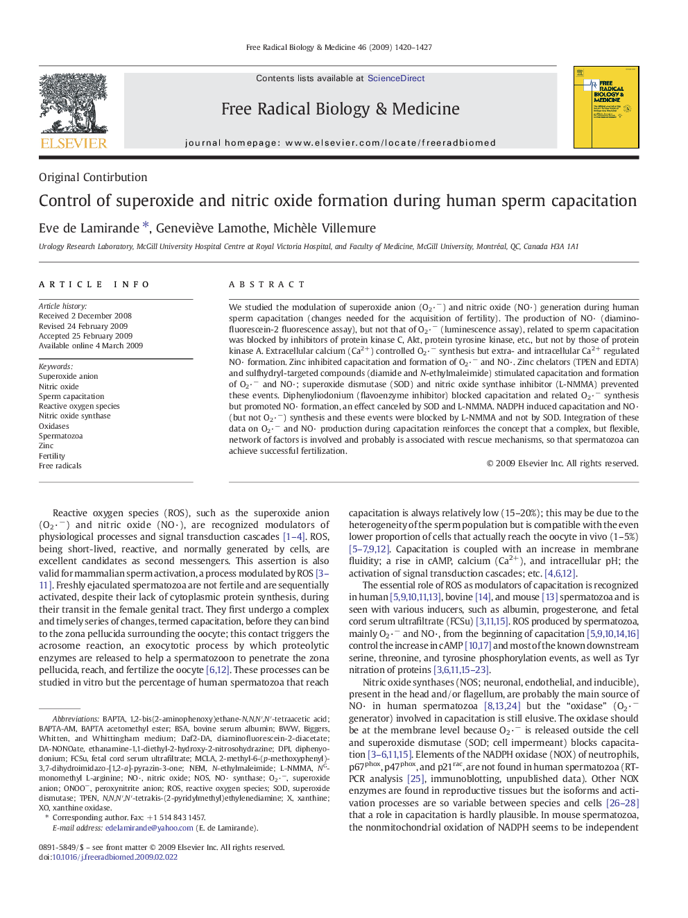 Control of superoxide and nitric oxide formation during human sperm capacitation