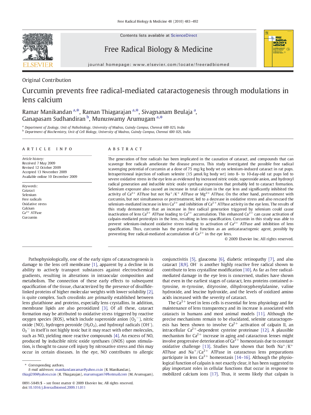 Curcumin prevents free radical-mediated cataractogenesis through modulations in lens calcium