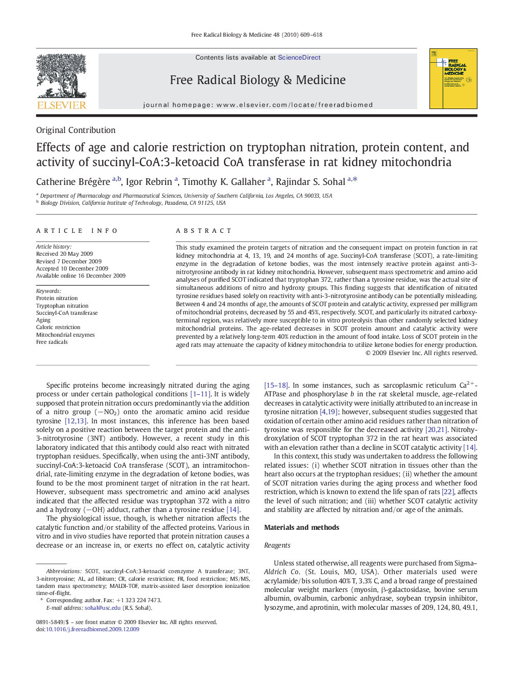 Effects of age and calorie restriction on tryptophan nitration, protein content, and activity of succinyl-CoA:3-ketoacid CoA transferase in rat kidney mitochondria