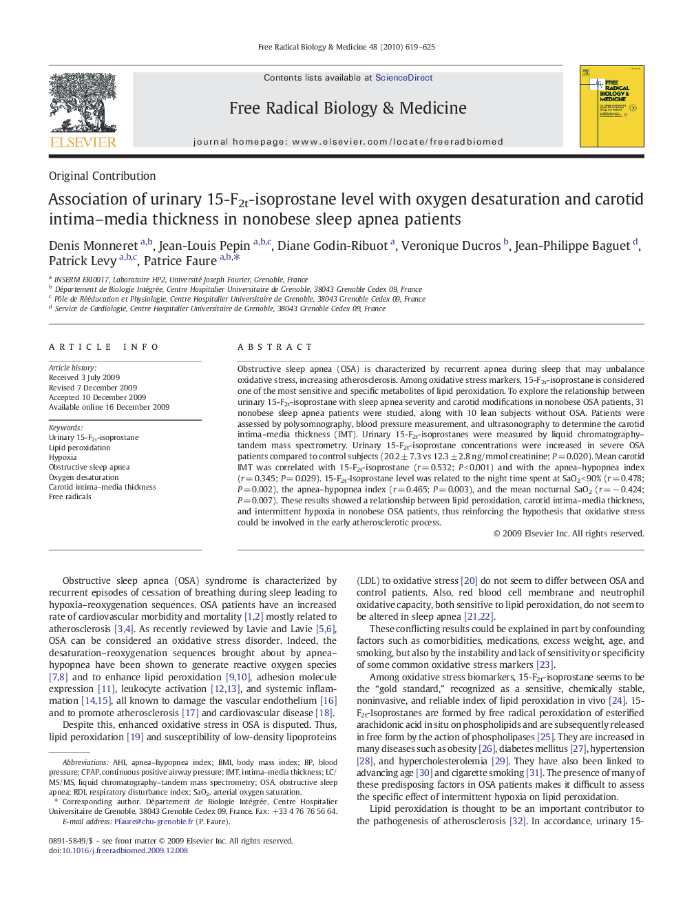 Association of urinary 15-F2t-isoprostane level with oxygen desaturation and carotid intima–media thickness in nonobese sleep apnea patients