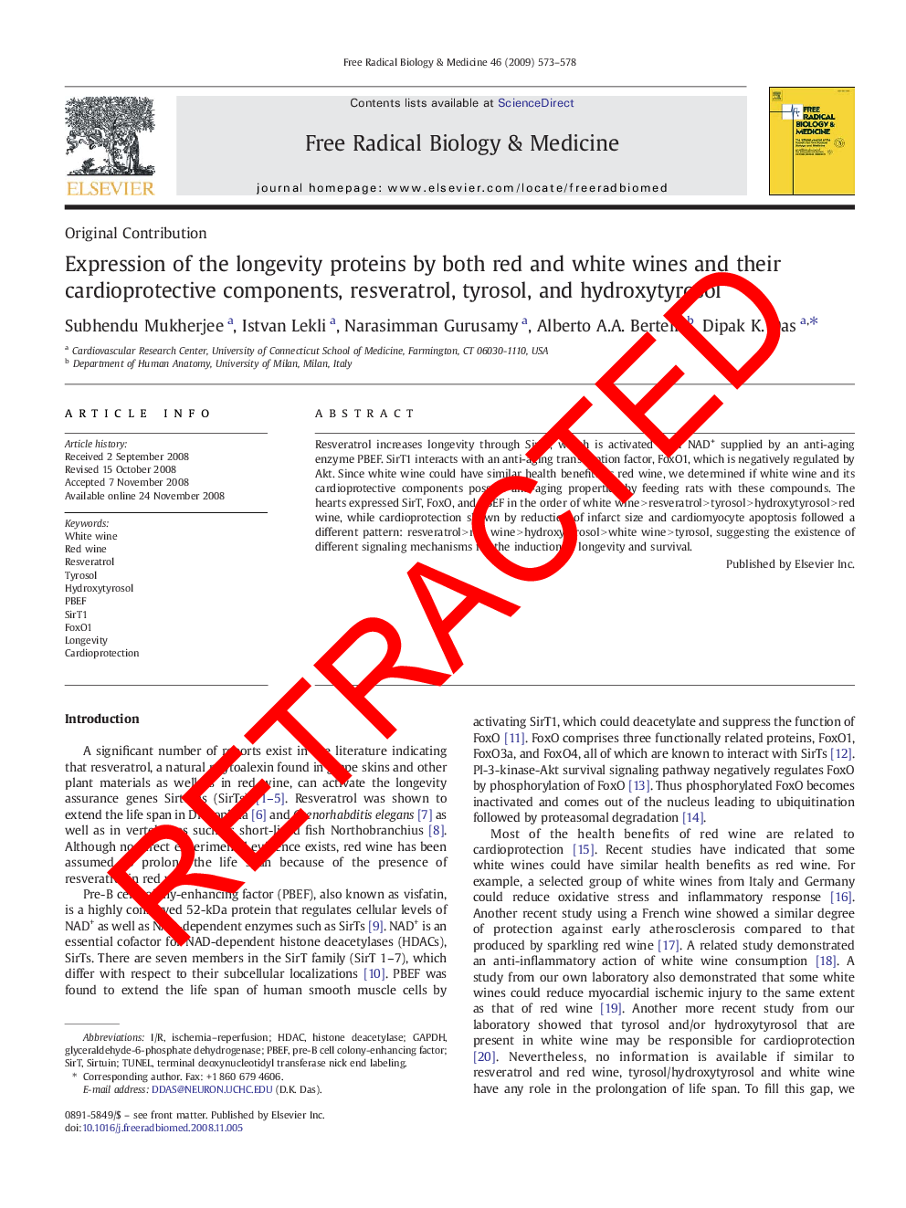 RETRACTED: Expression of the longevity proteins by both red and white wines and their cardioprotective components, resveratrol, tyrosol, and hydroxytyrosol