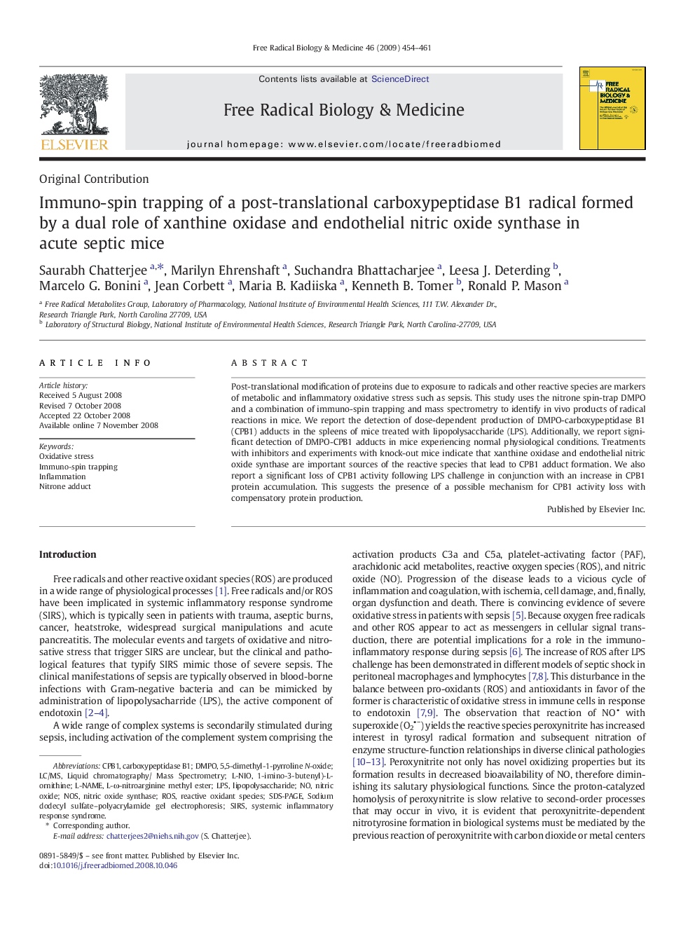 Immuno-spin trapping of a post-translational carboxypeptidase B1 radical formed by a dual role of xanthine oxidase and endothelial nitric oxide synthase in acute septic mice