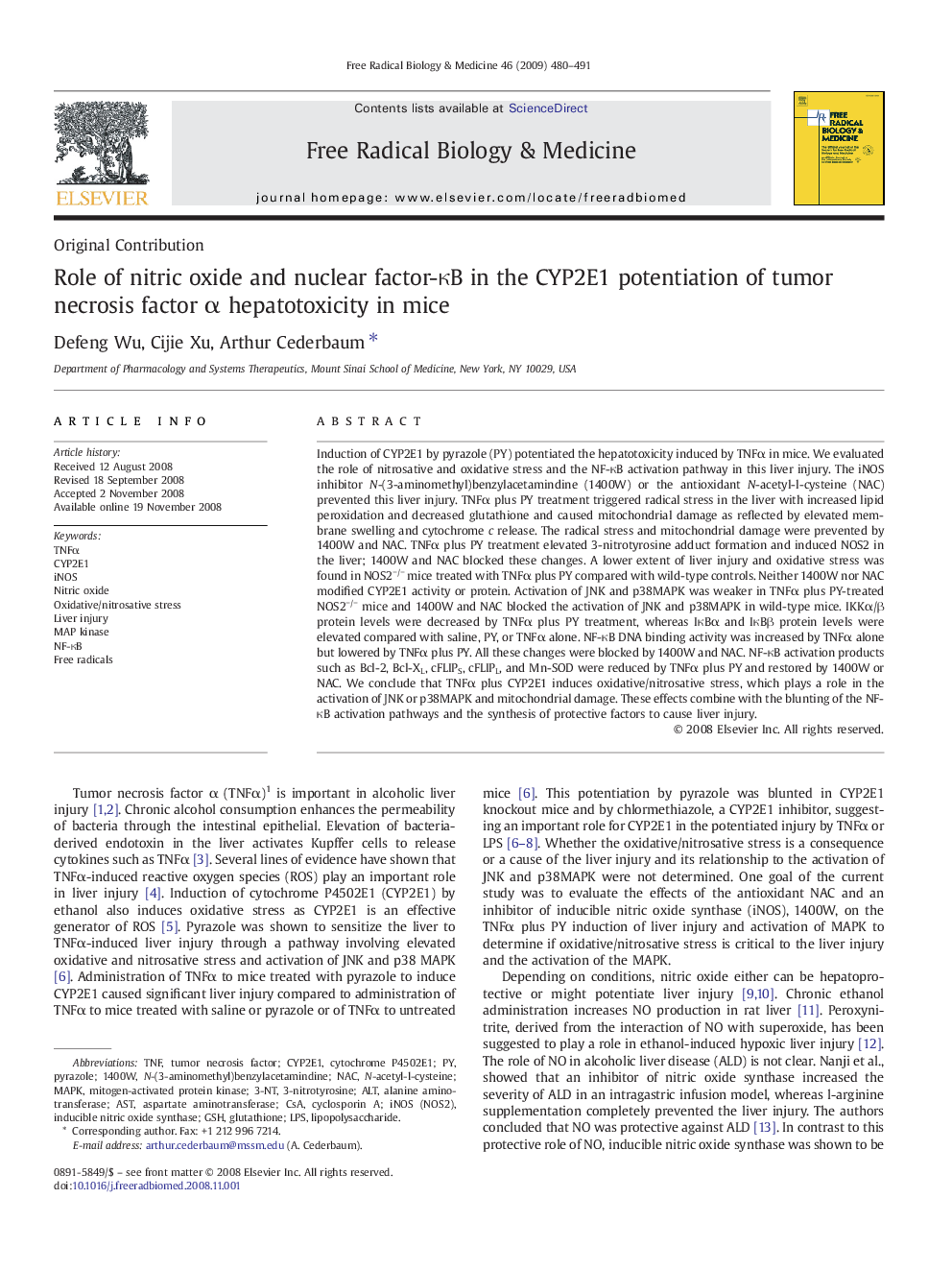 Role of nitric oxide and nuclear factor-κB in the CYP2E1 potentiation of tumor necrosis factor α hepatotoxicity in mice