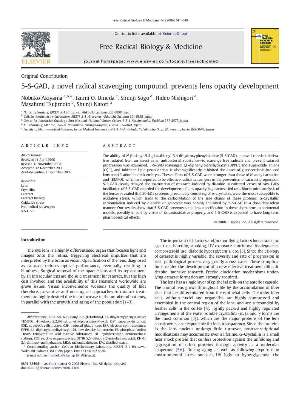 5-S-GAD, a novel radical scavenging compound, prevents lens opacity development