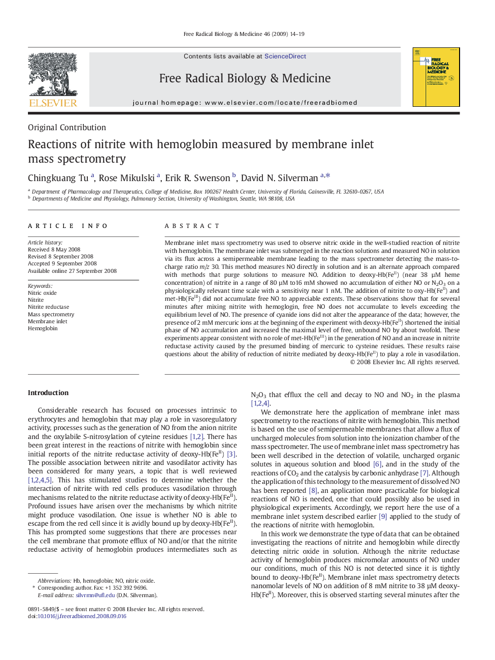 Reactions of nitrite with hemoglobin measured by membrane inlet mass spectrometry