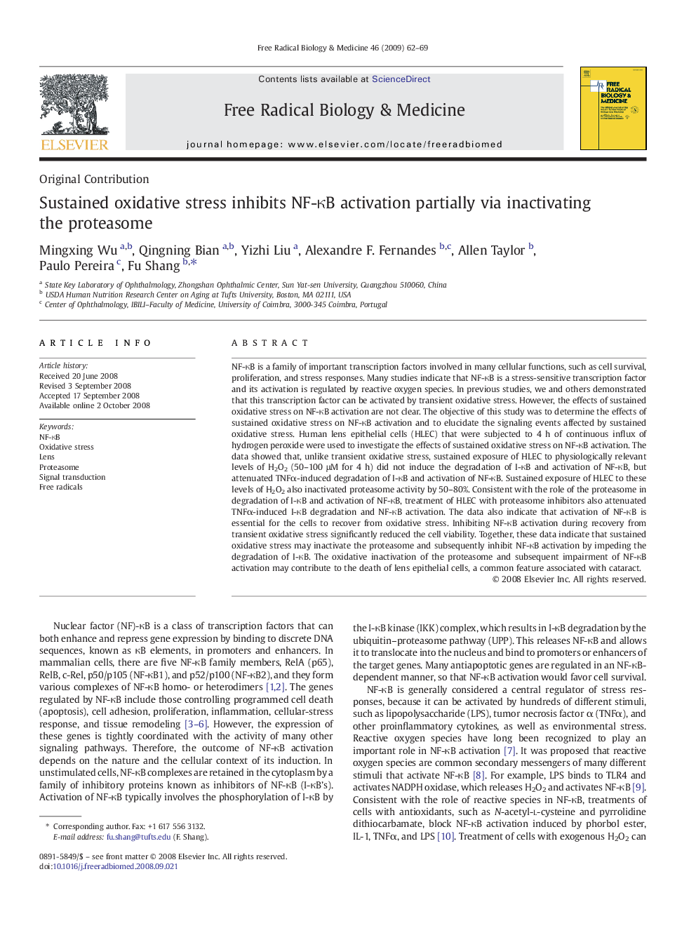 Sustained oxidative stress inhibits NF-κB activation partially via inactivating the proteasome