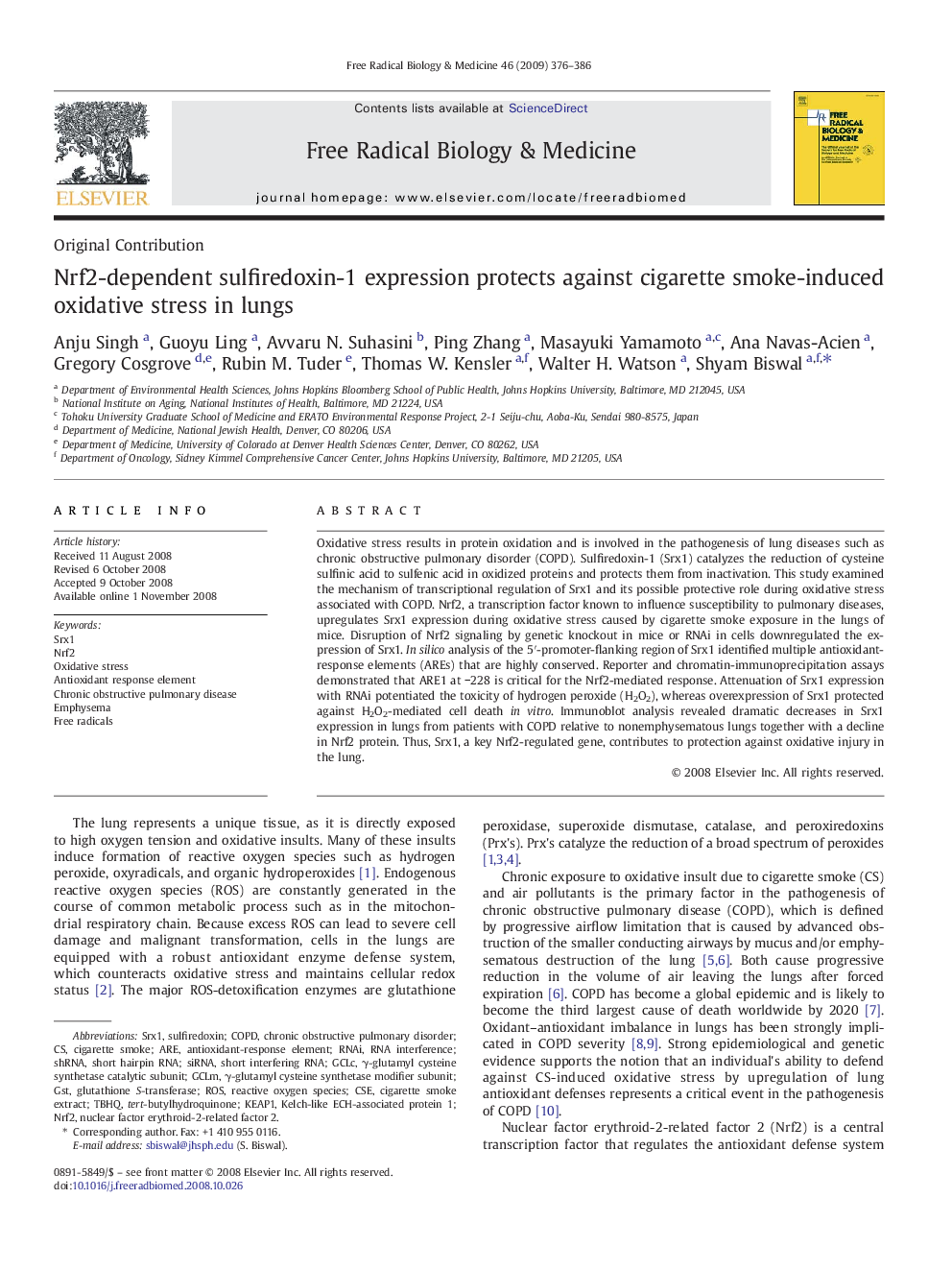 Nrf2-dependent sulfiredoxin-1 expression protects against cigarette smoke-induced oxidative stress in lungs