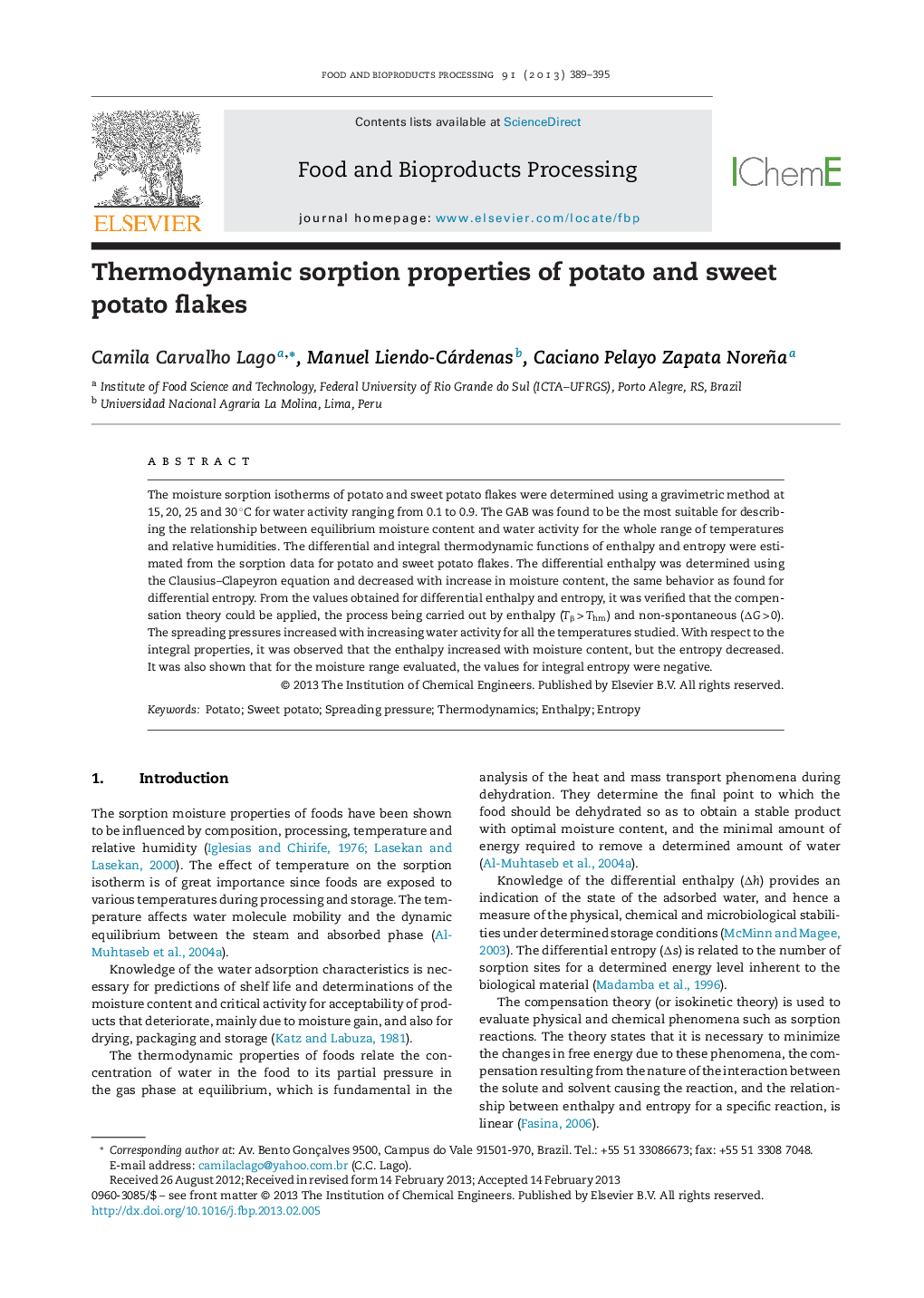 Thermodynamic sorption properties of potato and sweet potato flakes