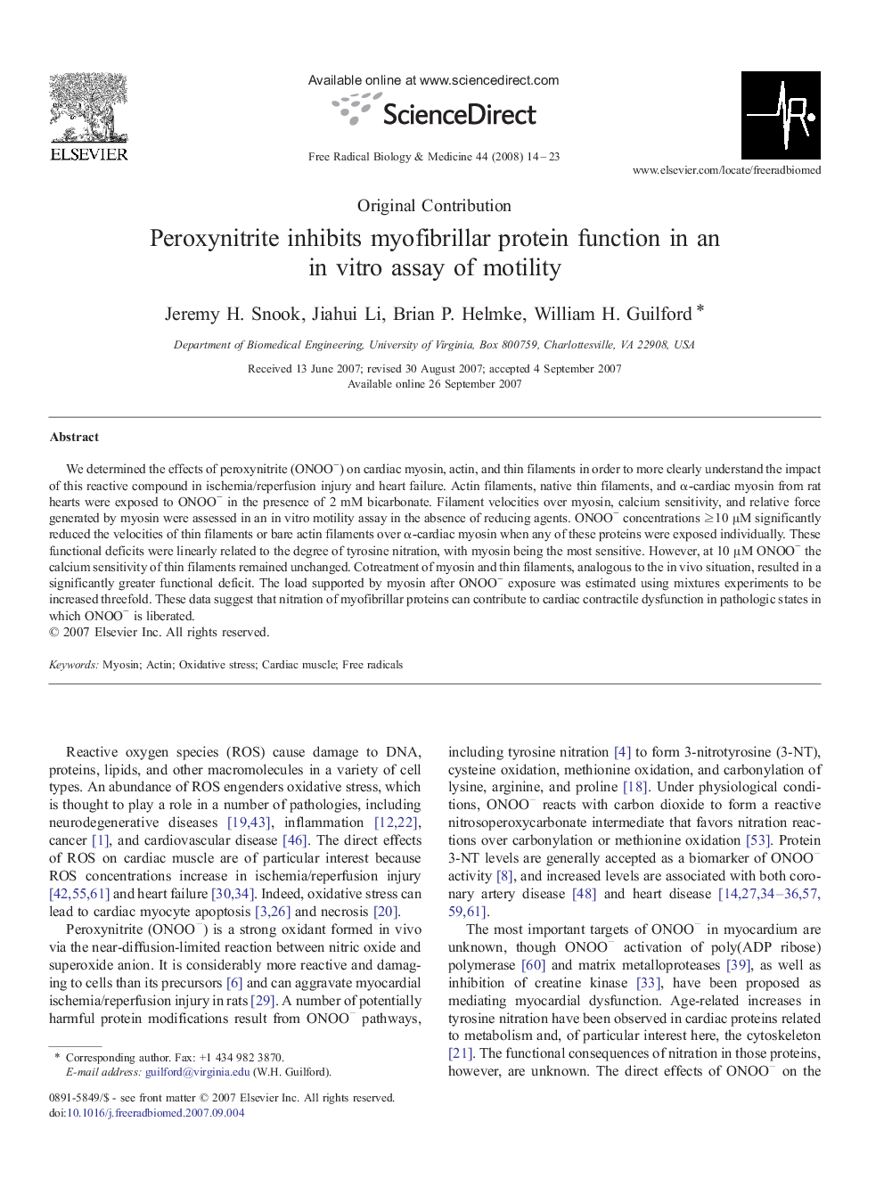 عکس صفحه اول مقاله: Peroxynitrite inhibits myofibrillar protein function in an in vitro assay of motility Peroxynitrite inhibits myofibrillar protein function in an in vitro assay of motility