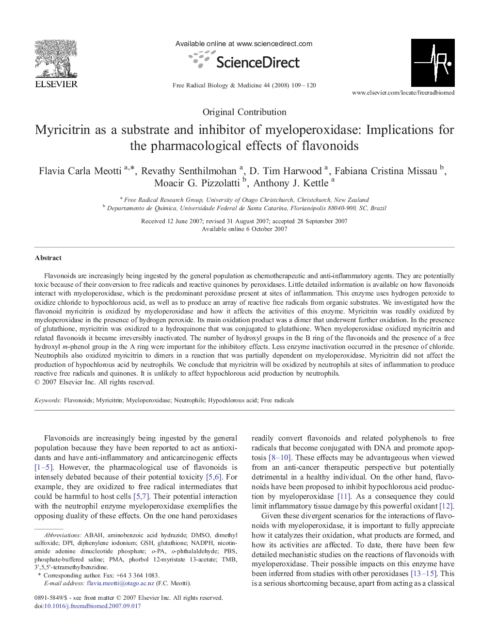 Myricitrin as a substrate and inhibitor of myeloperoxidase: Implications for the pharmacological effects of flavonoids