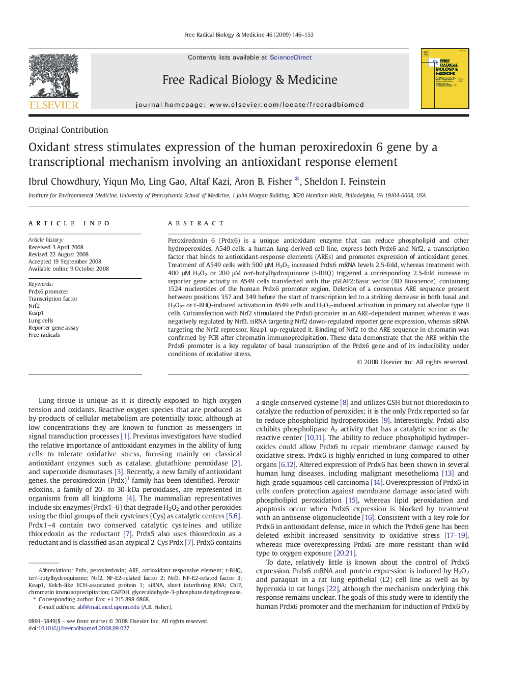 Oxidant stress stimulates expression of the human peroxiredoxin 6 gene by a transcriptional mechanism involving an antioxidant response element