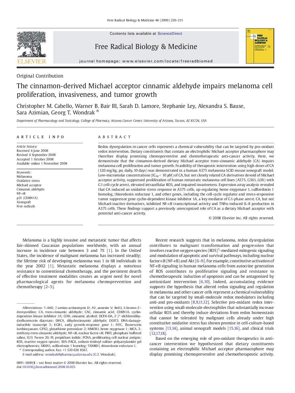 The cinnamon-derived Michael acceptor cinnamic aldehyde impairs melanoma cell proliferation, invasiveness, and tumor growth