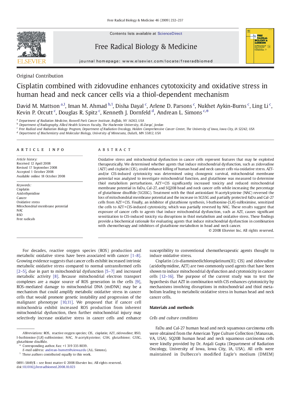 Cisplatin combined with zidovudine enhances cytotoxicity and oxidative stress in human head and neck cancer cells via a thiol-dependent mechanism