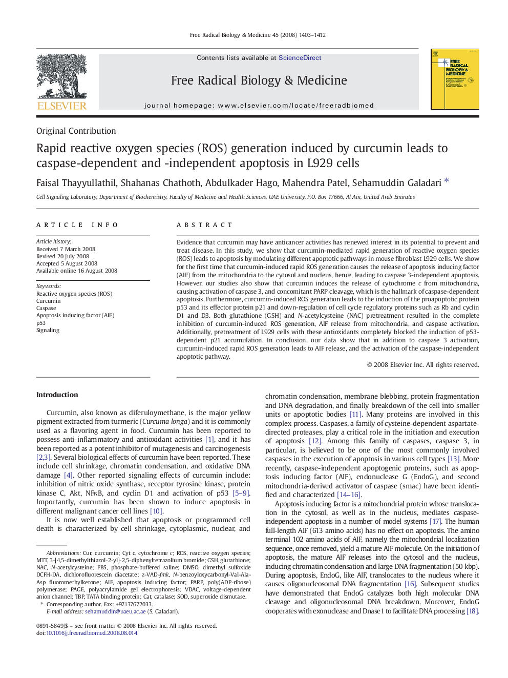 Rapid reactive oxygen species (ROS) generation induced by curcumin leads to caspase-dependent and -independent apoptosis in L929 cells