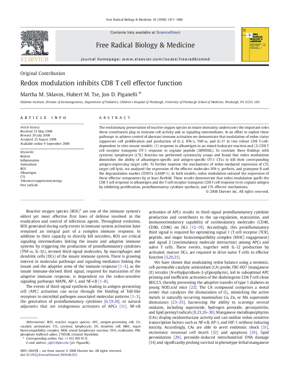 Redox modulation inhibits CD8 T cell effector function