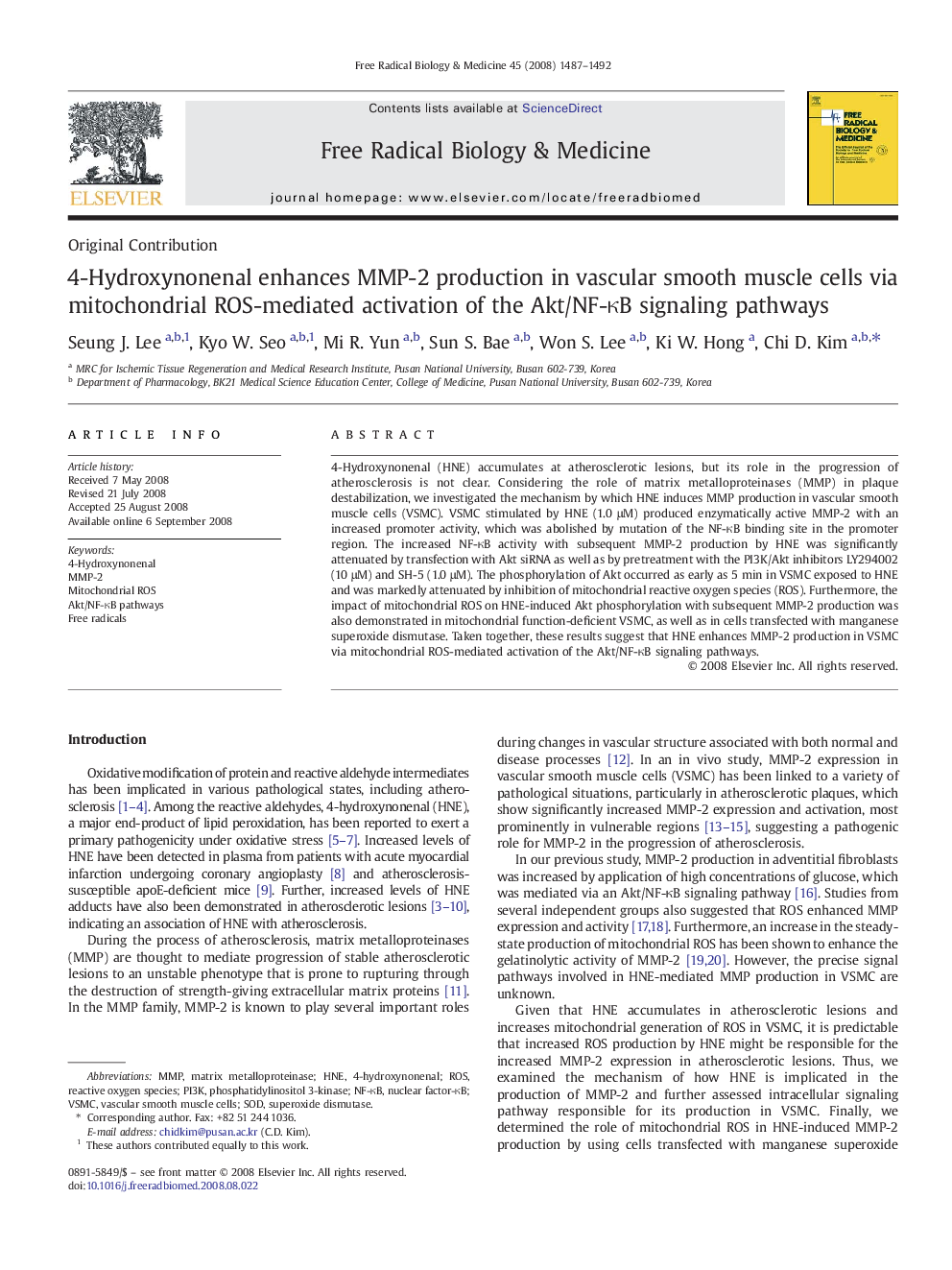 4-Hydroxynonenal enhances MMP-2 production in vascular smooth muscle cells via mitochondrial ROS-mediated activation of the Akt/NF-κB signaling pathways