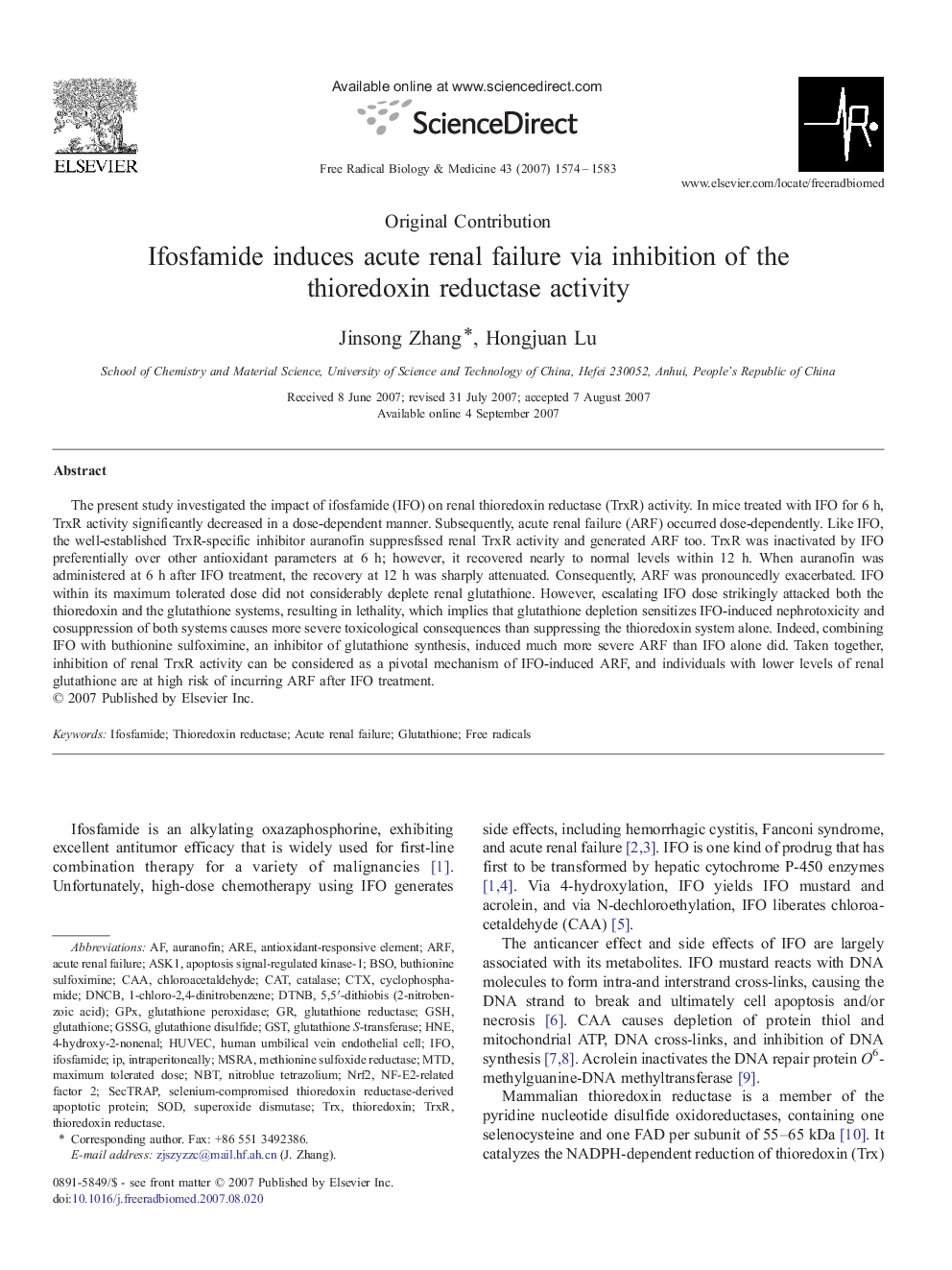 Ifosfamide induces acute renal failure via inhibition of the thioredoxin reductase activity