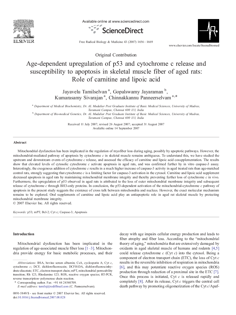 Age-dependent upregulation of p53 and cytochrome c release and susceptibility to apoptosis in skeletal muscle fiber of aged rats: Role of carnitine and lipoic acid