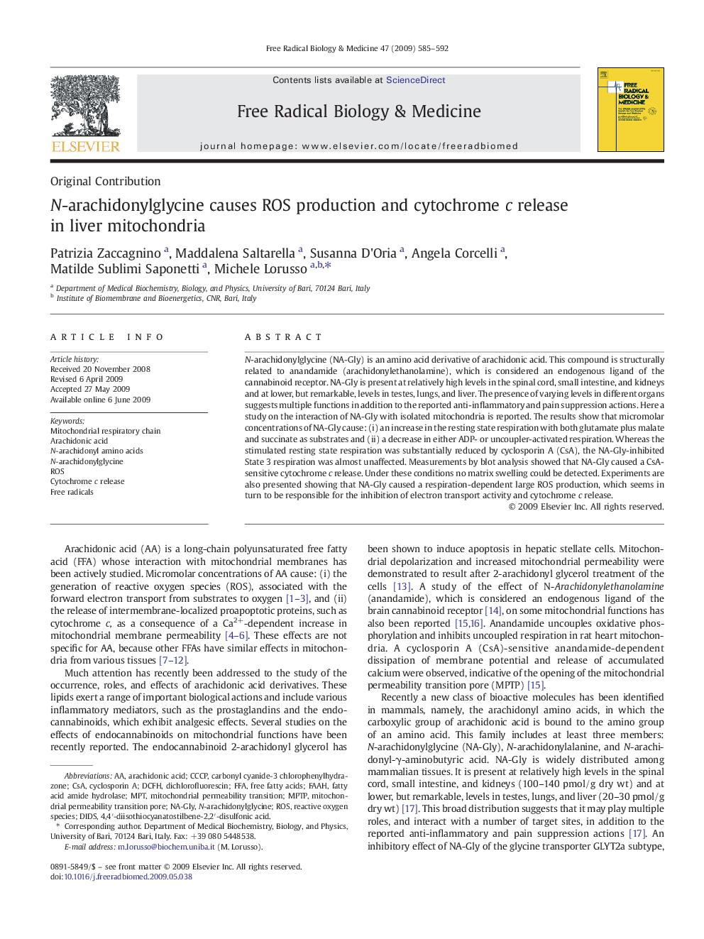 N-arachidonylglycine causes ROS production and cytochrome c release in liver mitochondria