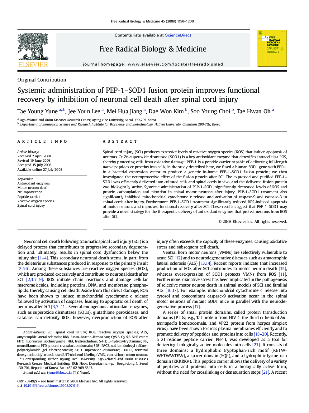 Systemic administration of PEP-1–SOD1 fusion protein improves functional recovery by inhibition of neuronal cell death after spinal cord injury