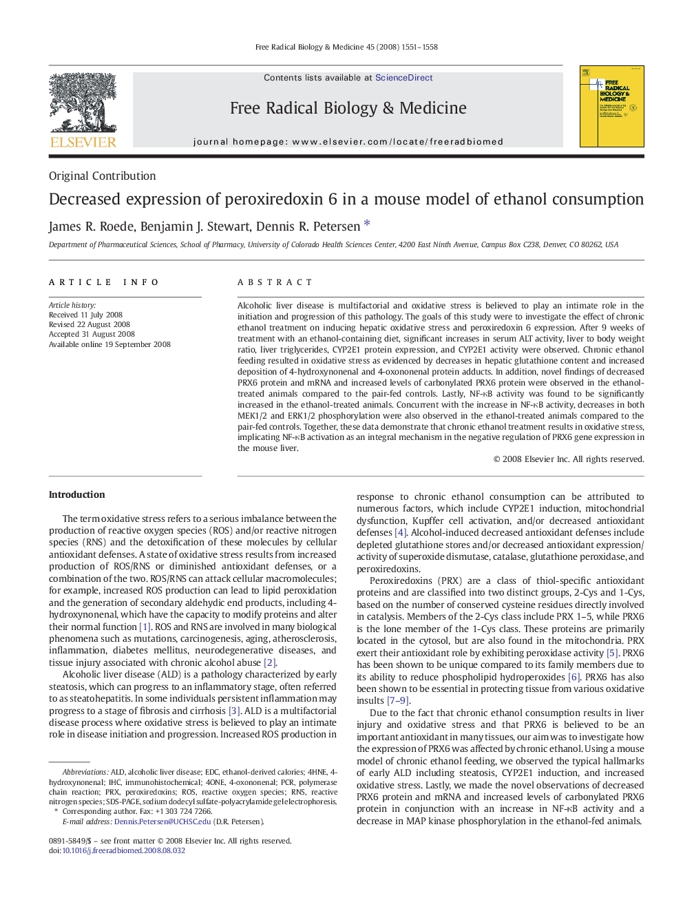 Decreased expression of peroxiredoxin 6 in a mouse model of ethanol consumption