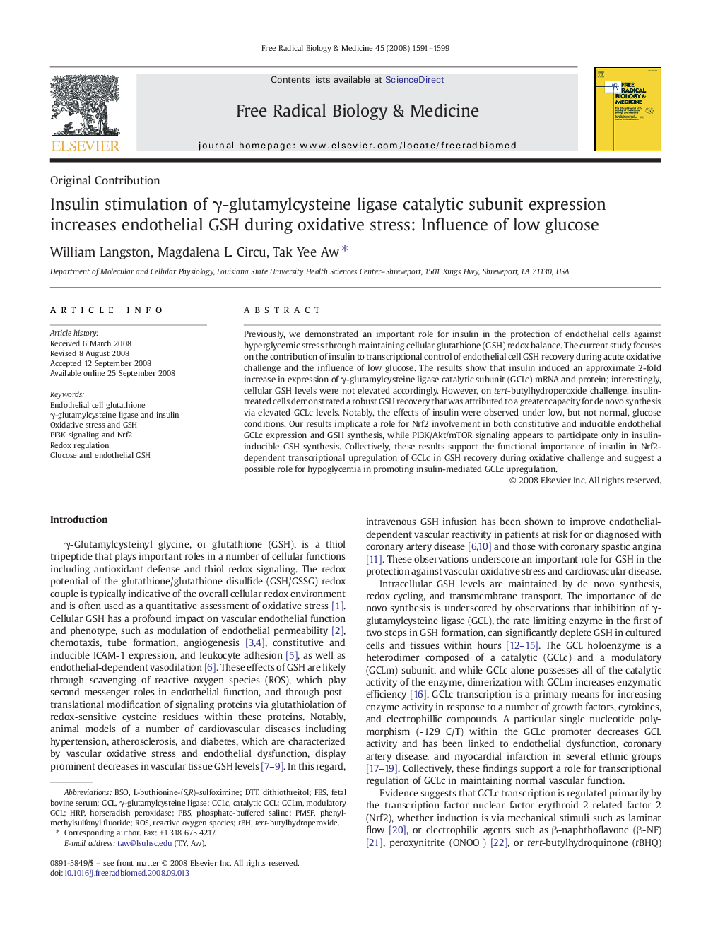 Insulin stimulation of γ-glutamylcysteine ligase catalytic subunit expression increases endothelial GSH during oxidative stress: Influence of low glucose