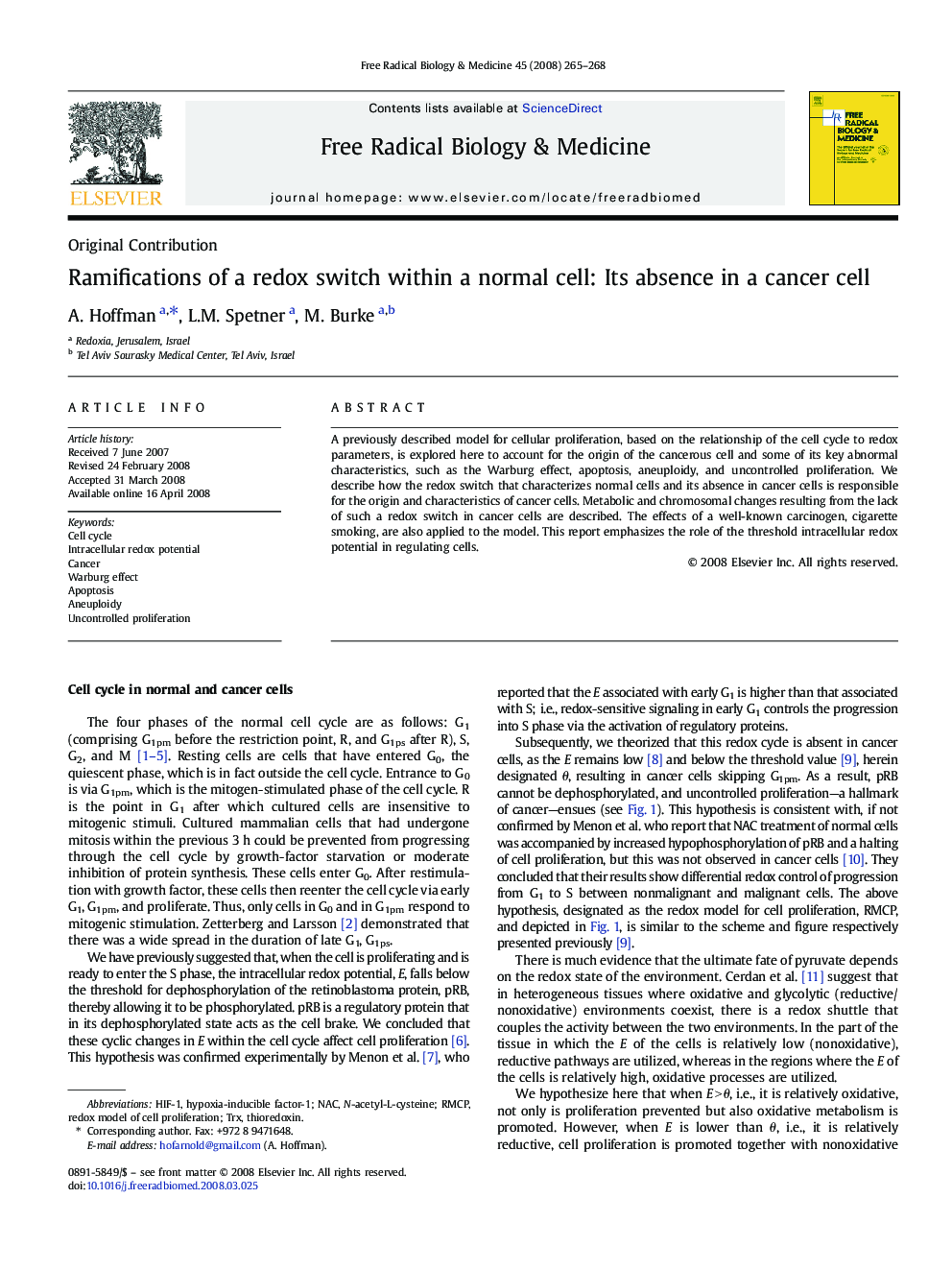 Ramifications of a redox switch within a normal cell: Its absence in a cancer cell