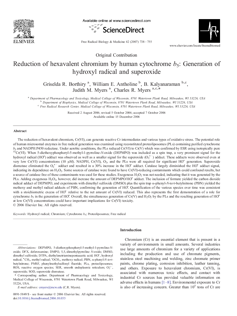 Reduction of hexavalent chromium by human cytochrome b5: Generation of hydroxyl radical and superoxide