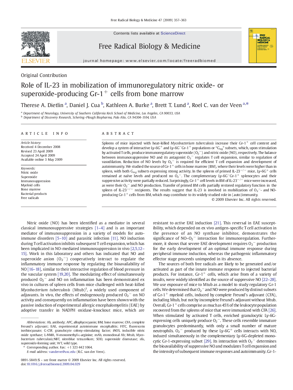 Role of IL-23 in mobilization of immunoregulatory nitric oxide- or superoxide-producing Gr-1+ cells from bone marrow